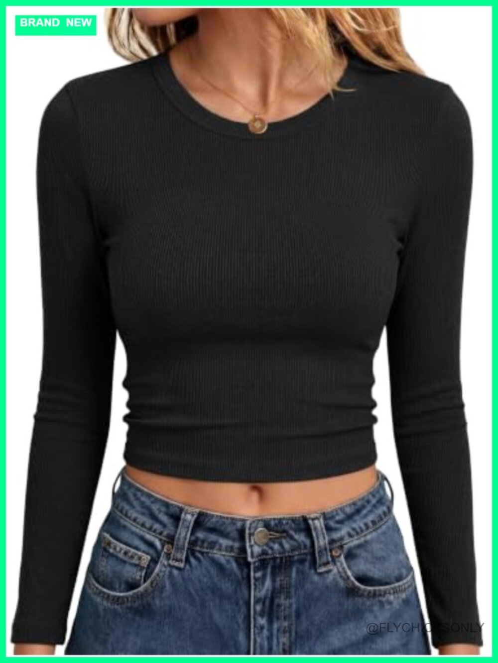 Women Long Sleeve Crew Neck Ribbed Crop Top Slim Fit Basic Tee